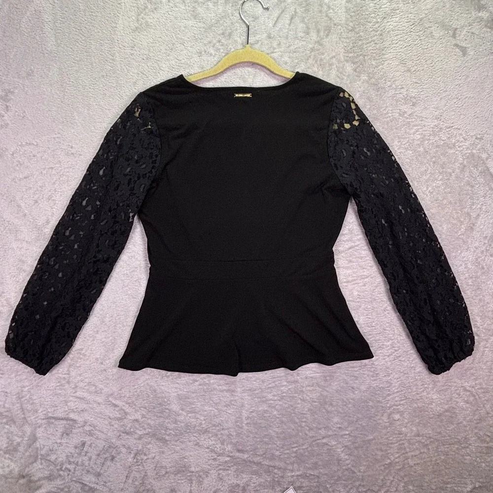 Michael‎ Kors Womens Peplum Top Size M Black Lace Balloon Sleeve V-Neck